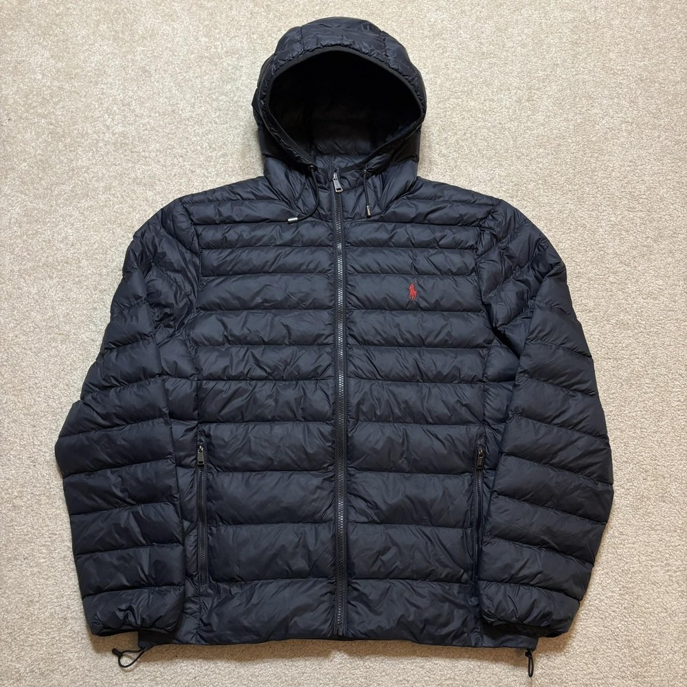 Polo Ralph Lauren Performance Down Jacket BLK Mens Medium Hooded Puffer Packable